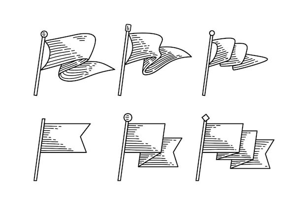 Colección de iconos de estilo grabado con poste de bandera Diseños de elementos artísticos de línea de poste de bandera