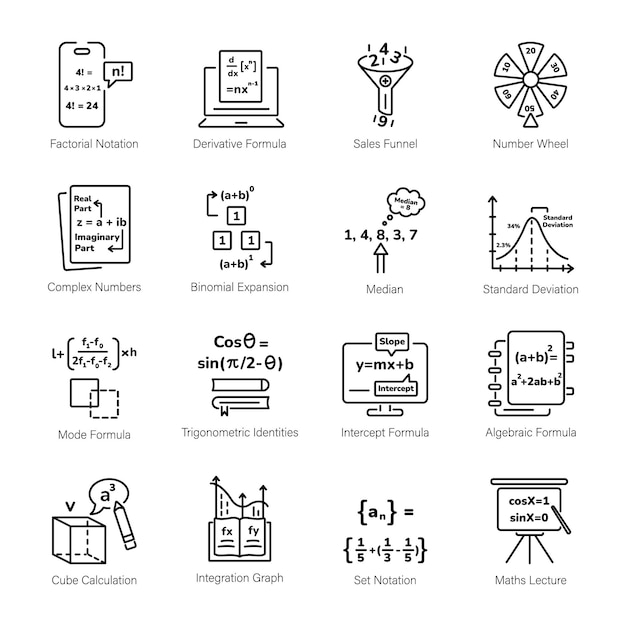 Colección de íconos de estilo de línea de expresiones matemáticas