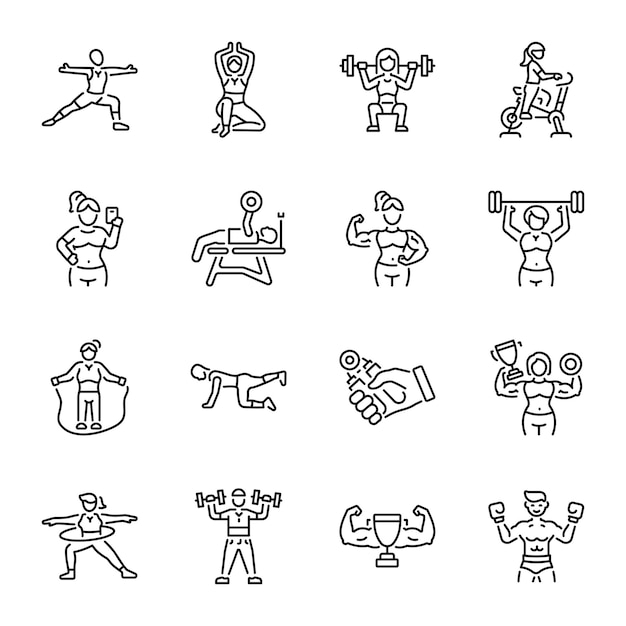 Colección de íconos de estilo lineal de entrenamiento en el gimnasio