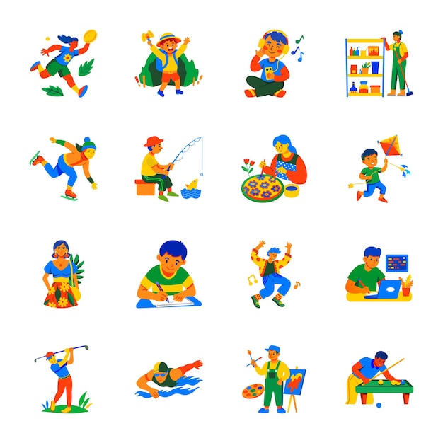 Colección de iconos de estilo plano para pasatiempos y recreación