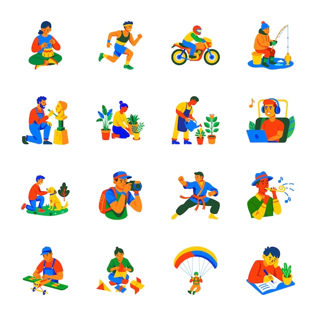 Colección de iconos de estilo plano para pasatiempos y recreación
