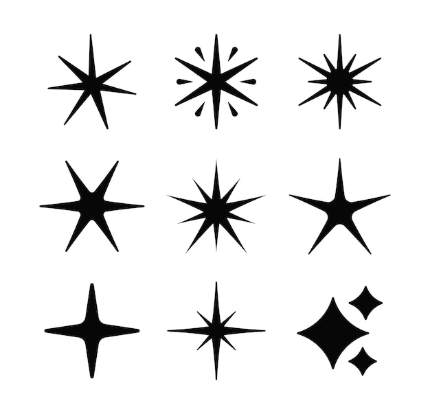 Colección de iconos de estrellas brillantes. Símbolo de estrellas centelleantes en diseño negro. ilustración vectorial