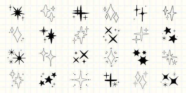 Colección de iconos de estrellas y chispas dibujados a mano Varias formas de estrellas y diseños de chispas Estrella negra y blanca e ilustraciones de chispas en el fondo de la cuadrícula Conjunto de vectores de elementos