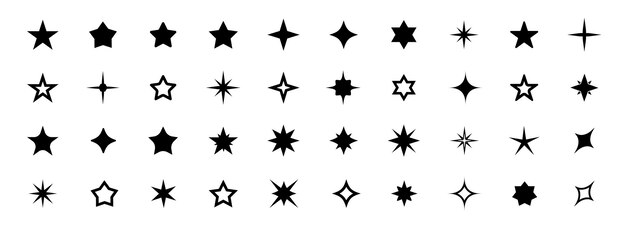 Colección de iconos de estrellas Diferentes formas de estrellas Conjunto de iconas de estrellas brillantes Conjunto De iconos de estrella brillante Ilustración vectorial de estrellas caídas