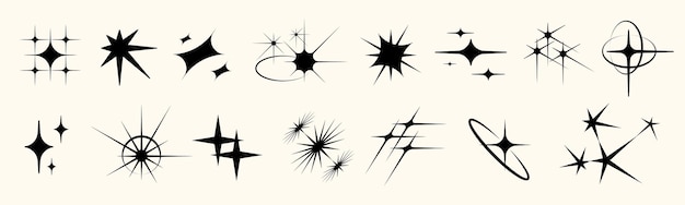 Colección de iconos de estrellas Y2K con brillo, brillo, centelleo y brillo Incluye símbolos planos, ráfagas vintage, pictogramas brillantes, elementos de constelación y contornos festivos para la interfaz de usuario o el diseño gráfico