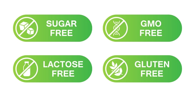 Colección de íconos de etiquetas adhesivas de azúcar, lactosa, OGM y sin gluten