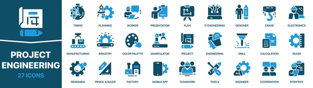 Colección de iconos firmados de color para proyectos e ingeniería