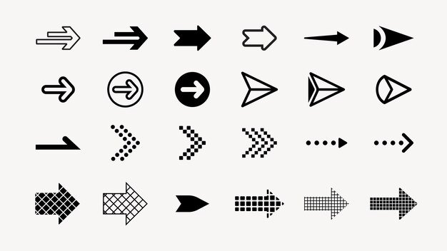 Colección de iconos de flecha negra en varios estilos y direcciones para proyectos de diseño que necesitan símbolos direccionales Colección de iconas y símbolos de flechas negras Varios de simples iconos de Flecha Negra