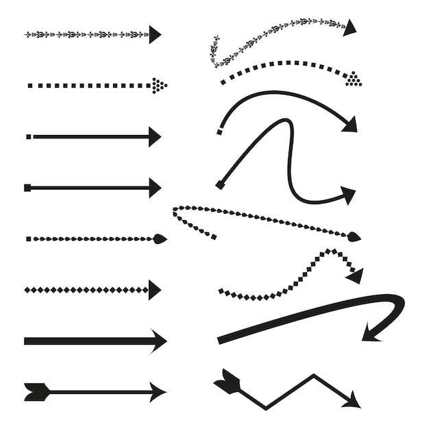 Colección de iconos de flecha Varios estilos negros Diseños curvos y rectos Flechas vectoriales geométricas