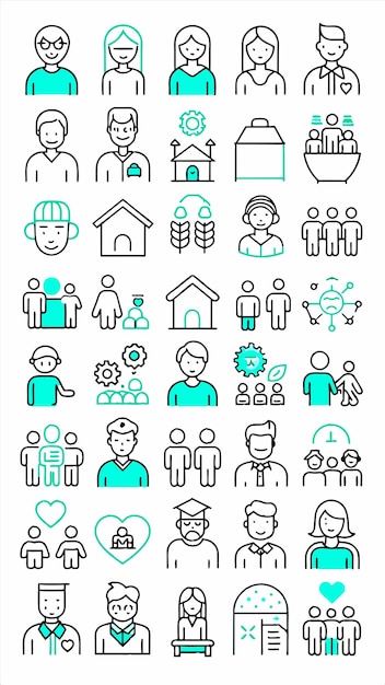 una colección de iconos con un fondo azul con personas y una casa con un fondo blue