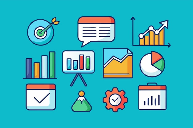 Una colección de iconos en un fondo azul que muestra un conjunto de iconos de presentación El conjunto de iconas de presentación es una tendencia Ilustración vectorial plana simple y minimalista