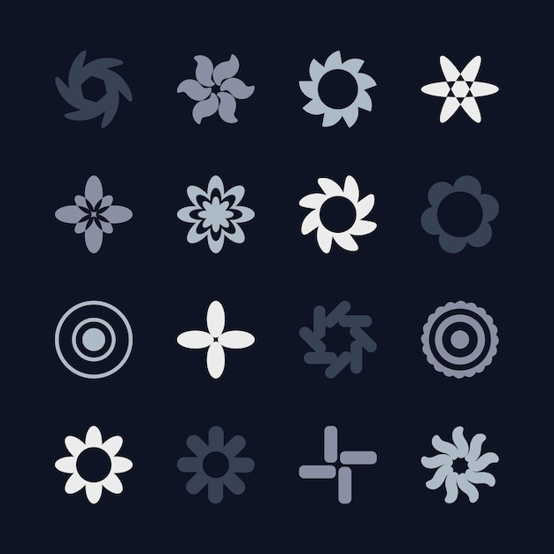 Colección de iconos de formas geométricas abstractas de color gris azul elementos vectoriales de fondo oscuro