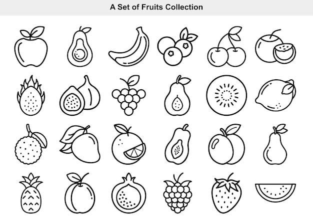 Colección de iconos de frutas con contornos en blanco y negro Manzana plátano fresa sandía y más