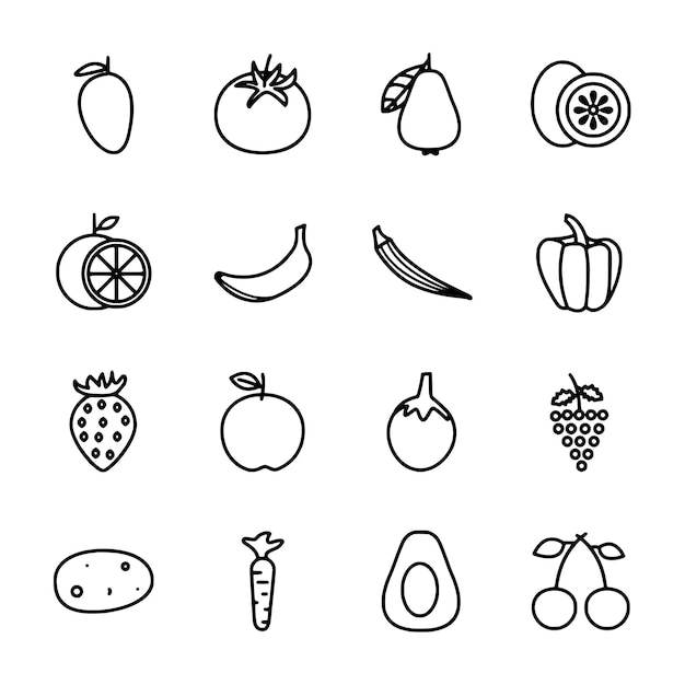 Colección de íconos de frutas y verduras en Line Art