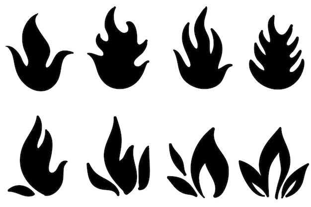 Colección de iconos de fuego dibujados a mano Conjunto de vectores de iconos de llamas de fuego Dibujado a mano Doodle Sketch Fuego Dibujo en blanco y negro Símbolo de fuego simple