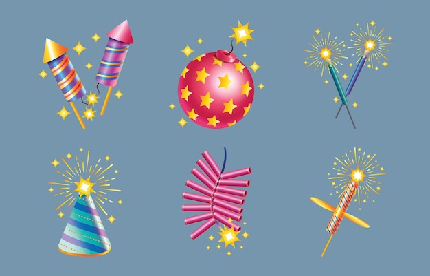 Colección de iconos de fuegos artificiales y petardos