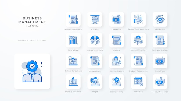 Colección de iconos de gestión empresarial con estilo de duotono azul Desarrollo de base de datos de moneda corporativa descubrir documento comercio electrónico Ilustración vectorial