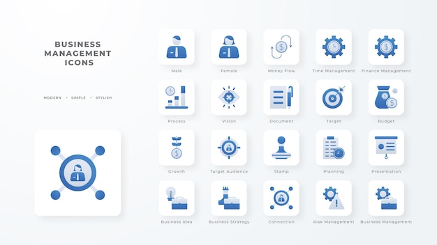 Colección de iconos de gestión empresarial con estilo de duotono azul Desarrollo de base de datos de moneda corporativa descubrir documento comercio electrónico Ilustración vectorial