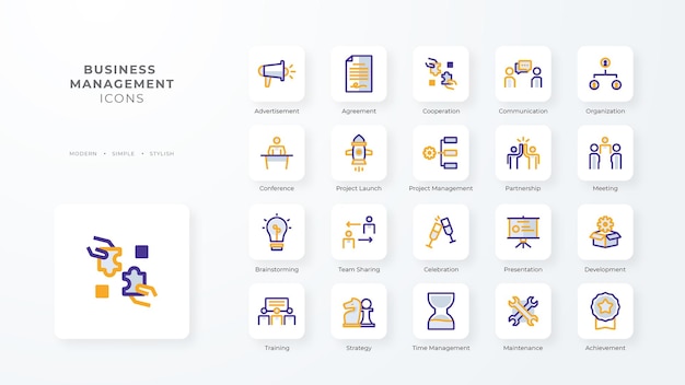 Colección de iconos de gestión empresarial con estilo duotono púrpura y naranja desarrollo de base de datos de moneda corporativa descubrir documento comercio electrónico ilustración vectorial