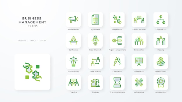 Colección de iconos de gestión empresarial con estilo de duotono verde Desarrollo de base de datos de moneda corporativa descubrir documento comercio electrónico Ilustración vectorial