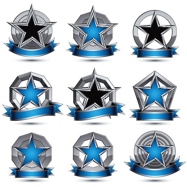 Colección de iconos glamorosos 3d heráldicos redondos grises, objetos gráficos plateados con estrellas pentagonales y rayas onduladas, elemento de diseño vectorial EPS 8 transparente.