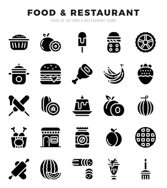 Vector colección de iconos de glifos de alimentos y restaurantes 25 conjuntos de iconos ilustración vectorial