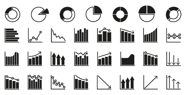Colección de iconos de gráficos de crecimiento en negro Conjunto de diagramas de gráfico de desarrollo en negro