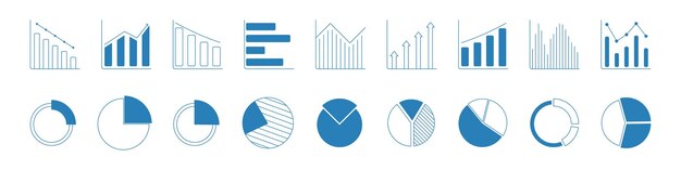 Colección de íconos de gráficos planos y gráficos minimalistas que incluyen estilos de barras y líneas para negocios