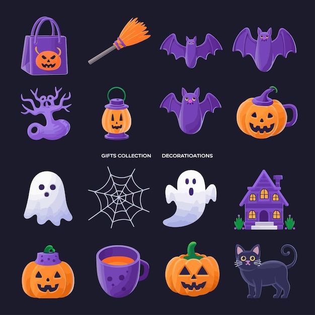 una colección de iconos de Halloween incluyendo una calabaza de Halloween y un murciélago