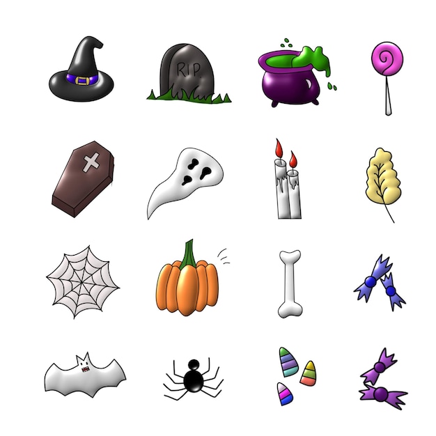 Vector una colección de iconos de halloween incluyendo una calabaza spiderman bruja y tela de araña