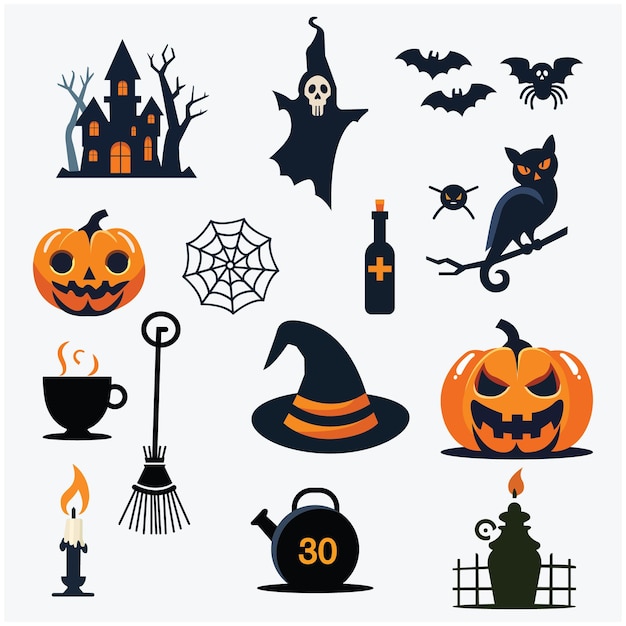 una colección de iconos de Halloween incluyendo una casa con una calabaza y una casa con un gato negro en ella