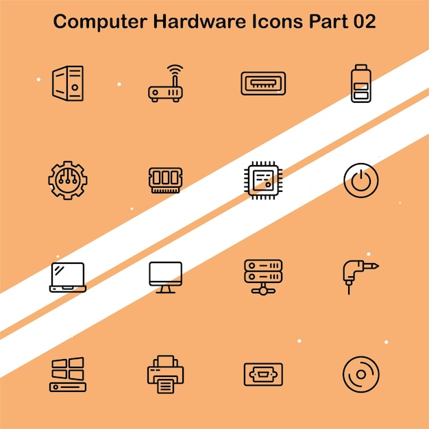 Colección de iconos de hardware informático que muestran componentes técnicos adecuados para la tecnología