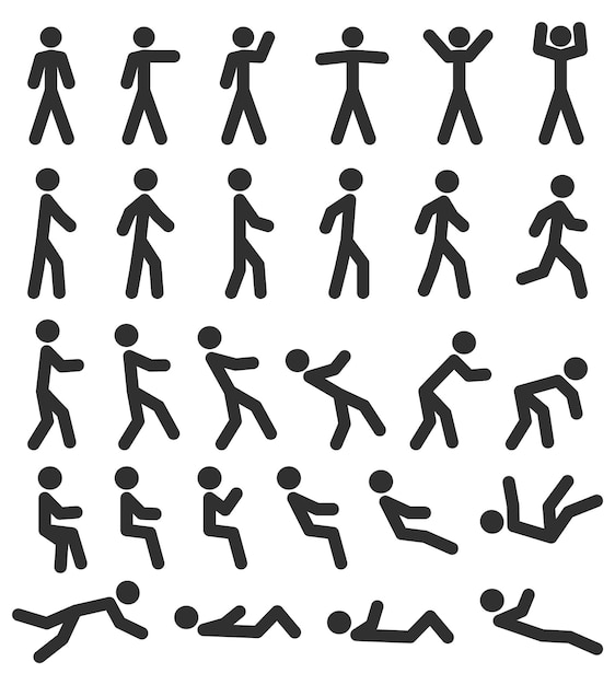 Colección de íconos de hombres siluetas de personas varias posturas humanas imagen de ilustración vectorial