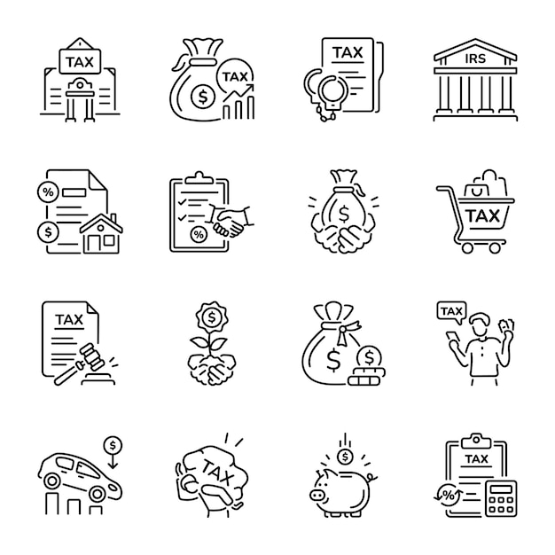 Colección de íconos de impuestos monetarios de estilo lineal