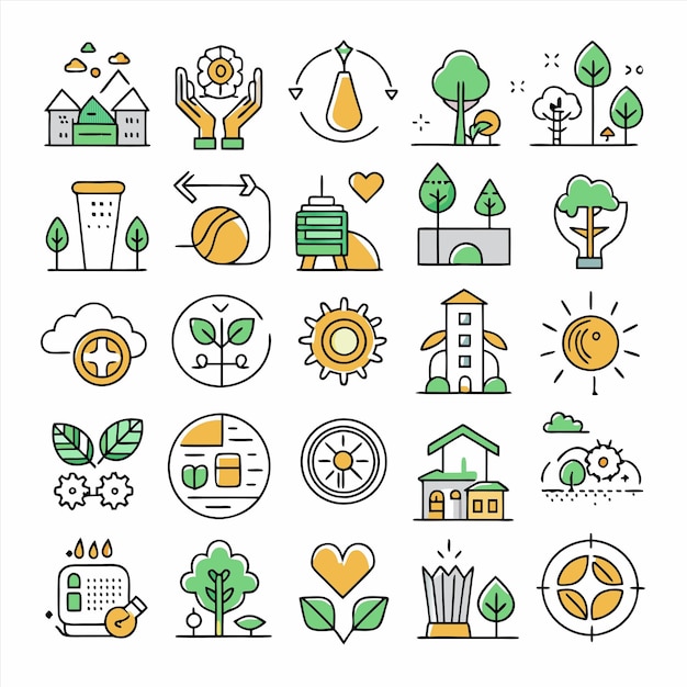 una colección de iconos incluyendo un árbol verde y una casa con un reloj en él