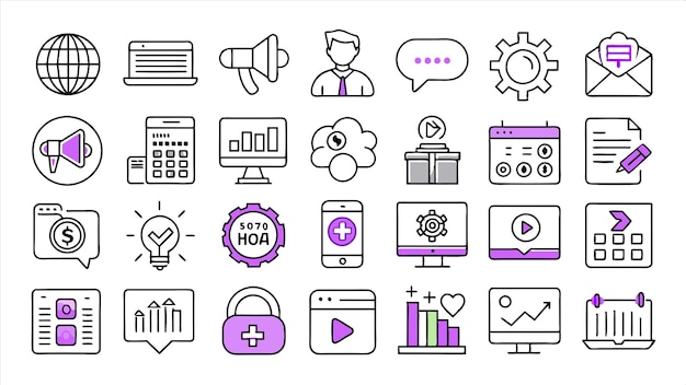 una colección de iconos incluyendo una computadora la palabra bueno