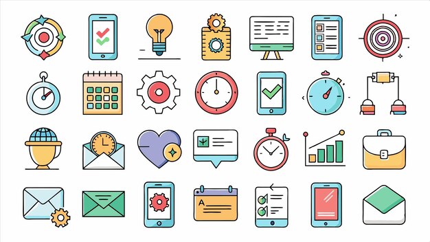 una colección de iconos incluyendo una computadora portátil y un reloj