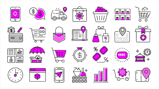 una colección de iconos incluyendo un conjunto de iconos que incluyen un bebé y una caja de cosas