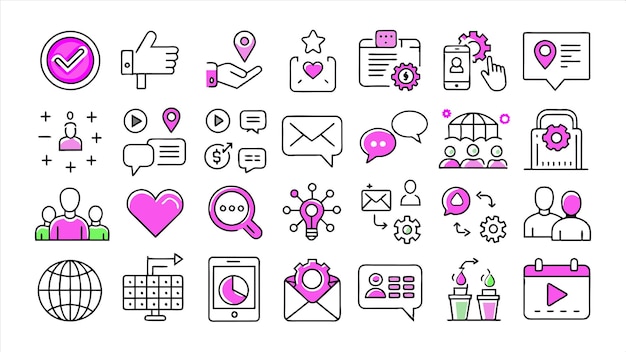 una colección de iconos incluyendo un corazón rosado la palabra amor y la palabra amor