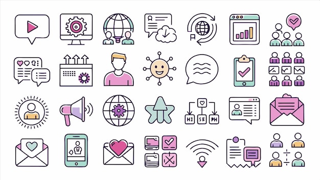 una colección de iconos incluyendo un hombre y una computadora portátil