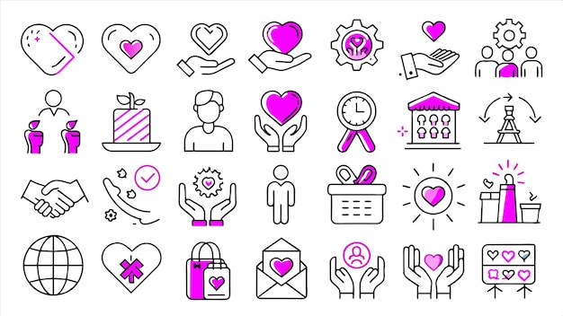 una colección de iconos incluyendo un hombre y una mujer con formas de corazón