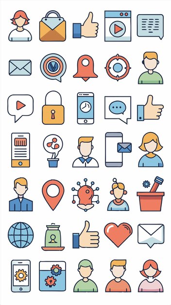 una colección de iconos incluyendo un hombre y una mujer con un teléfono en la esquina