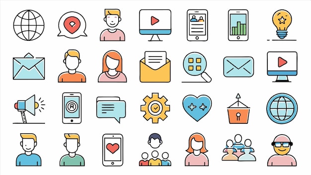 una colección de iconos incluyendo un hombre y una mujer con un teléfono en el fondo