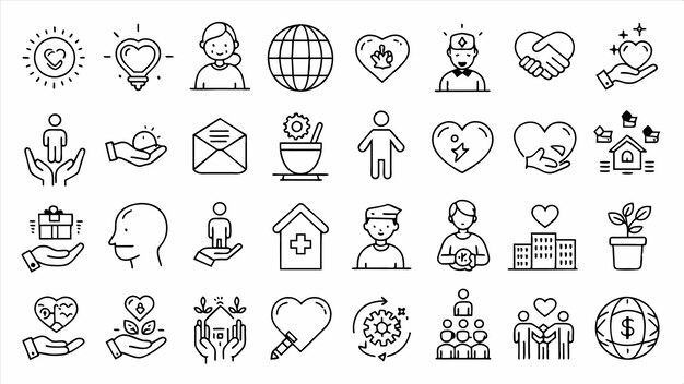 una colección de iconos incluyendo un hombre y un mundo con un corazón en él
