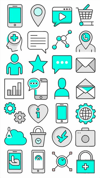 una colección de iconos incluyendo un hombre y un teléfono con un círculo azul con una estrella en él