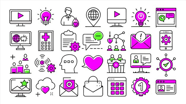 una colección de iconos incluyendo una pantalla de computadora un hombre y una computadora portátil con un corazón rosa en él