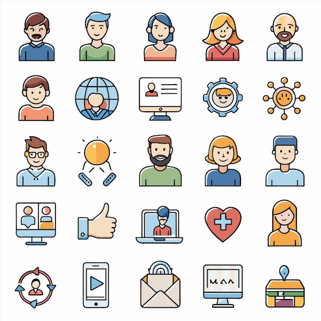 una colección de iconos incluyendo una persona y una mujer con un corazón en el pecho