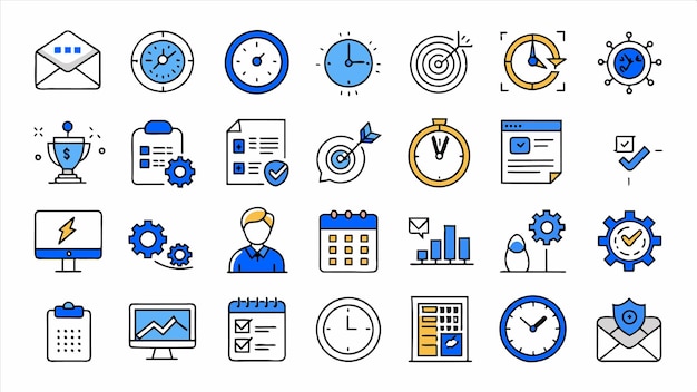 una colección de iconos incluyendo un reloj uno azul y el otro con un logotipo azul