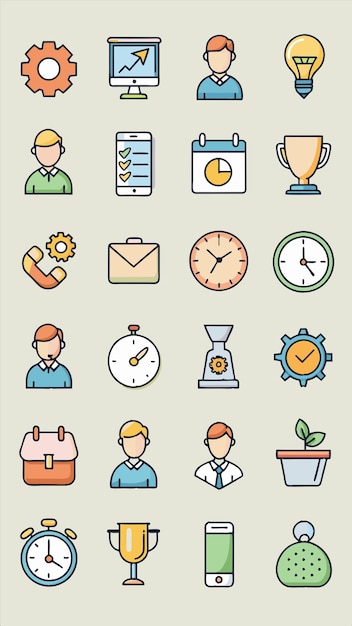 una colección de iconos incluyendo un reloj un hombre y una mujer con una camisa azul