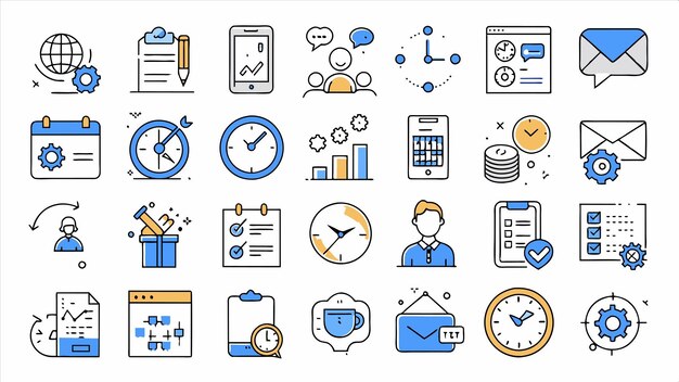 una colección de iconos incluyendo un reloj un hombre y un reloj